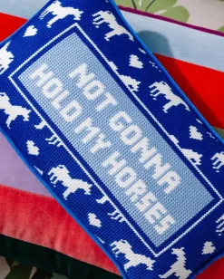 Hold My Horses Needlepoint Pillow in Royal Blue Combo