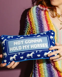 Hold My Horses Needlepoint Pillow in Royal Blue Combo
