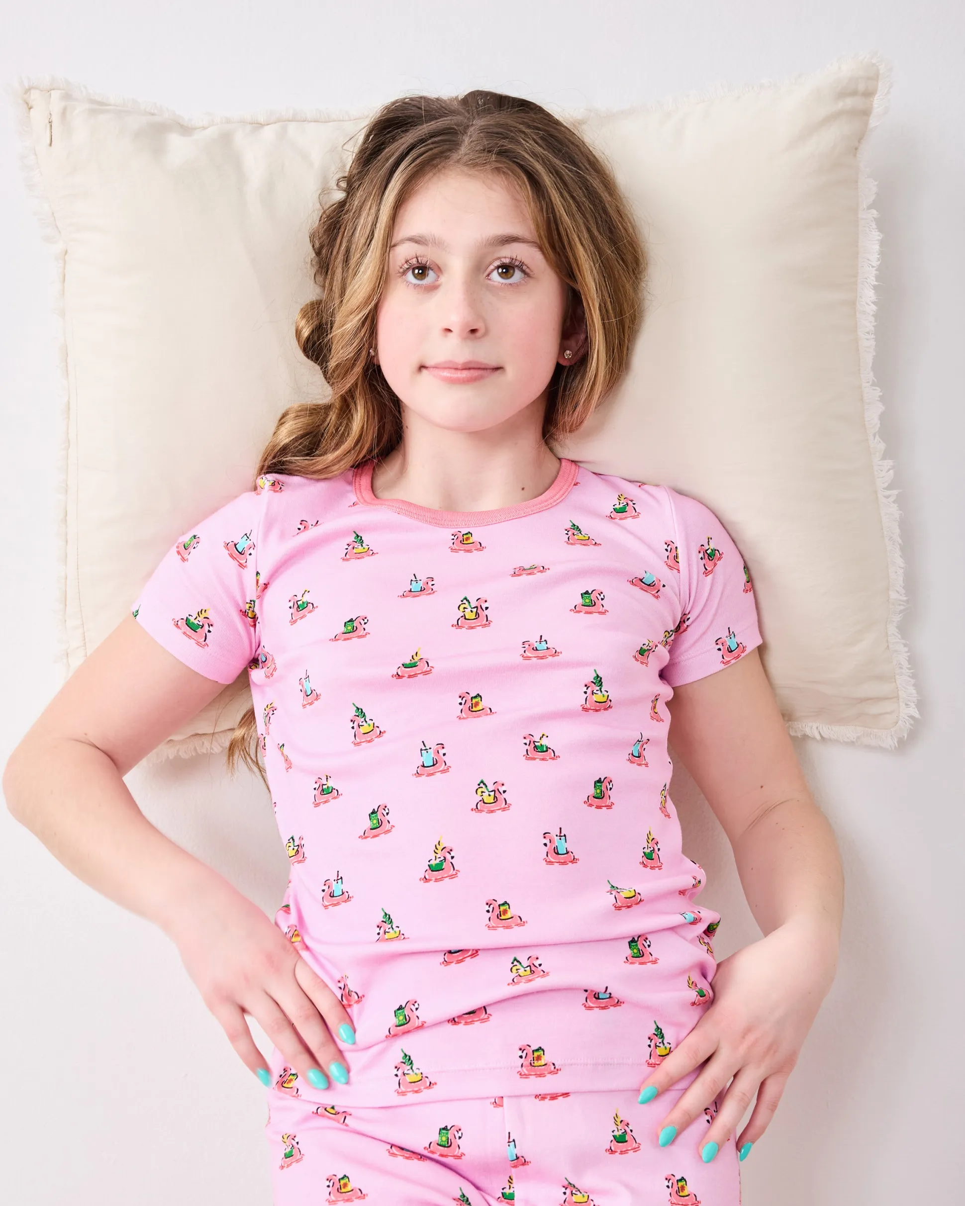 Kids Organic Pima Short Sleeve PJ Set in Flamingo Floaties