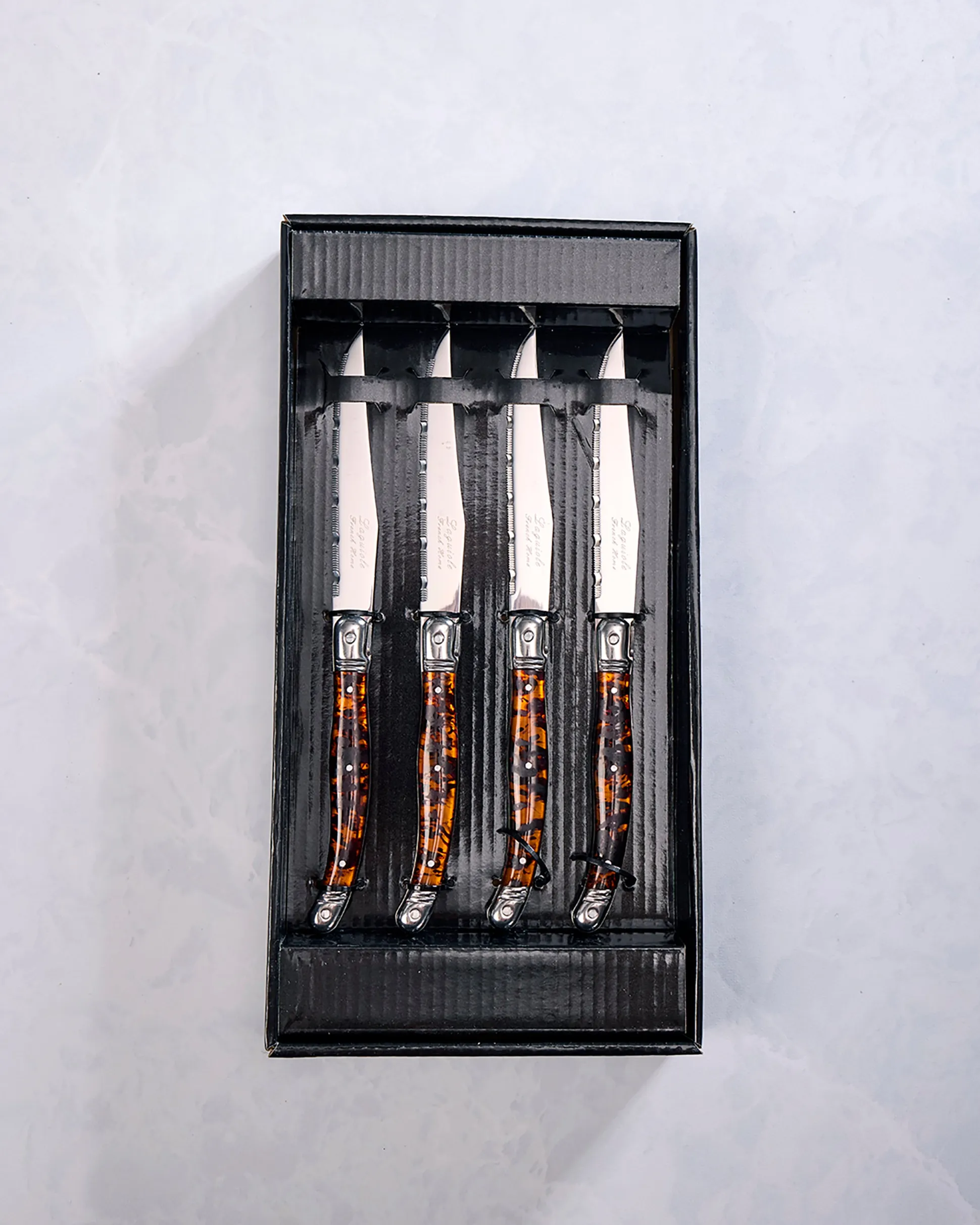 Laguiole Connoisseur 4- Piece Tortoise Steak Knife Set in Silver