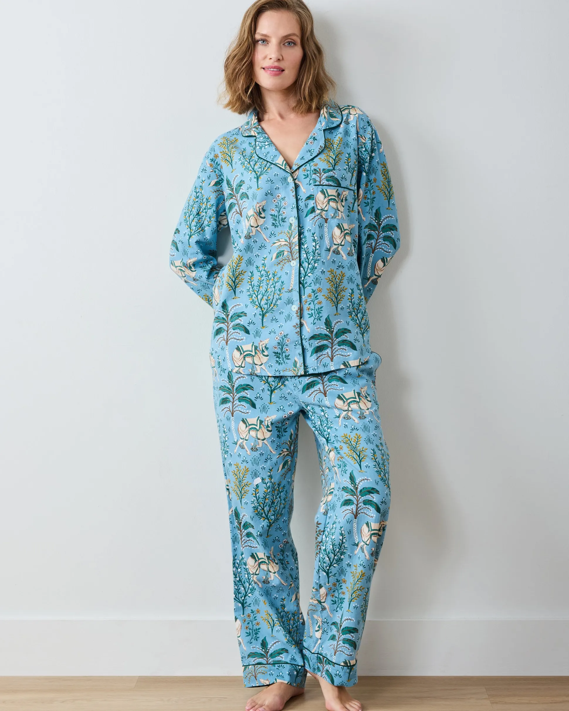 Lightweight Flannel Long PJ Set in Camel's Courtyard