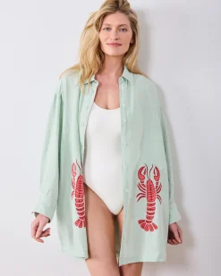 Linen Cabana Button Down in Lobster Landing Applique
