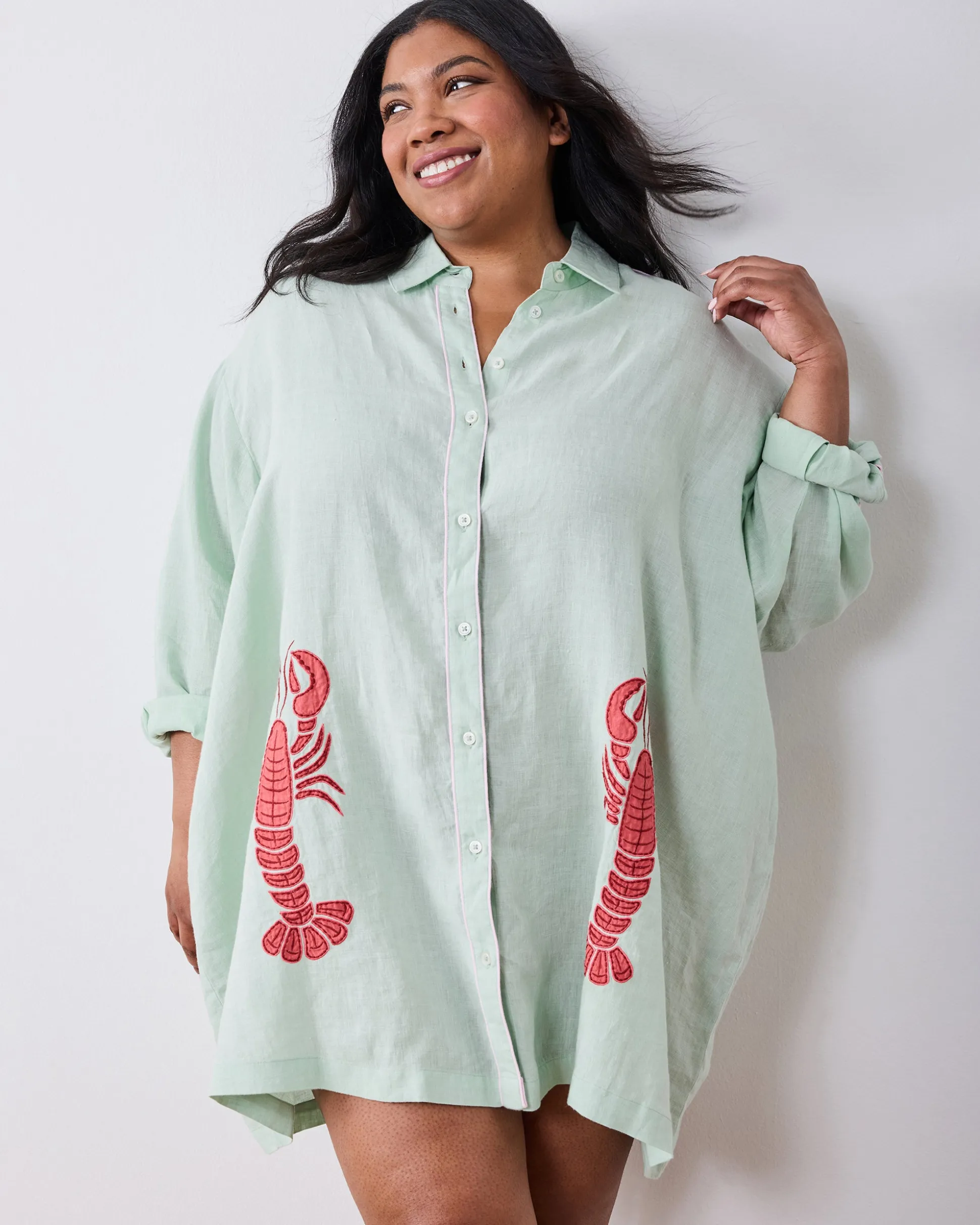 Linen Cabana Button Down in Lobster Landing Applique