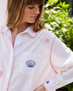 Linen Everyday Button Down in Embroidered Shells