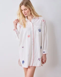 Linen Everyday Button Down in Embroidered Shells