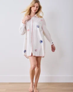 Linen Everyday Button Down in Embroidered Shells