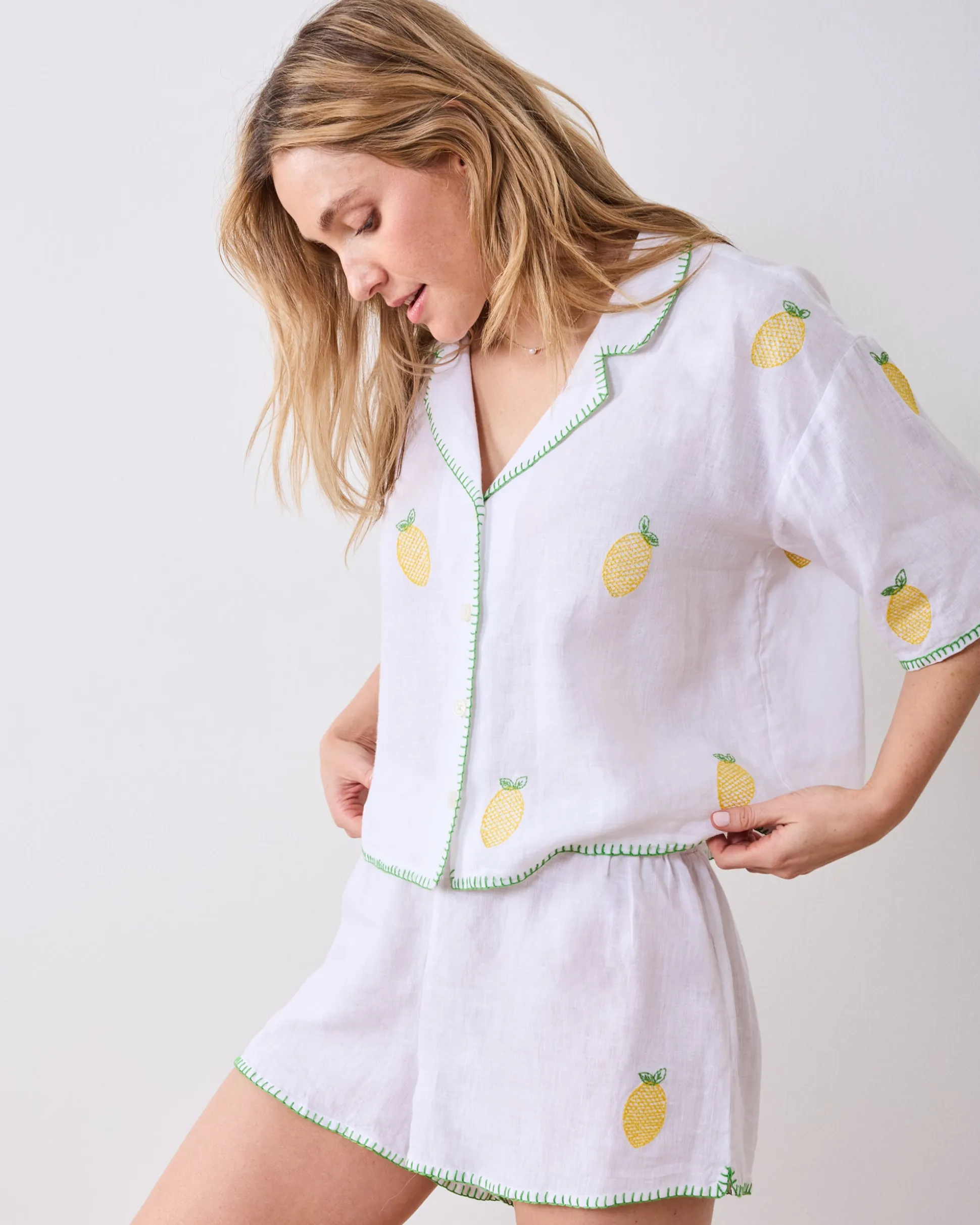 Linen Sweet Dreams Set in Embroidered Lemon Drop