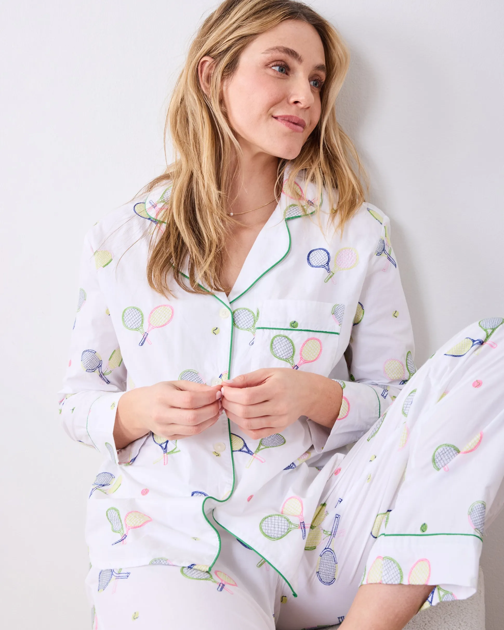 Long PJ Set in Embroidered Tennis Club