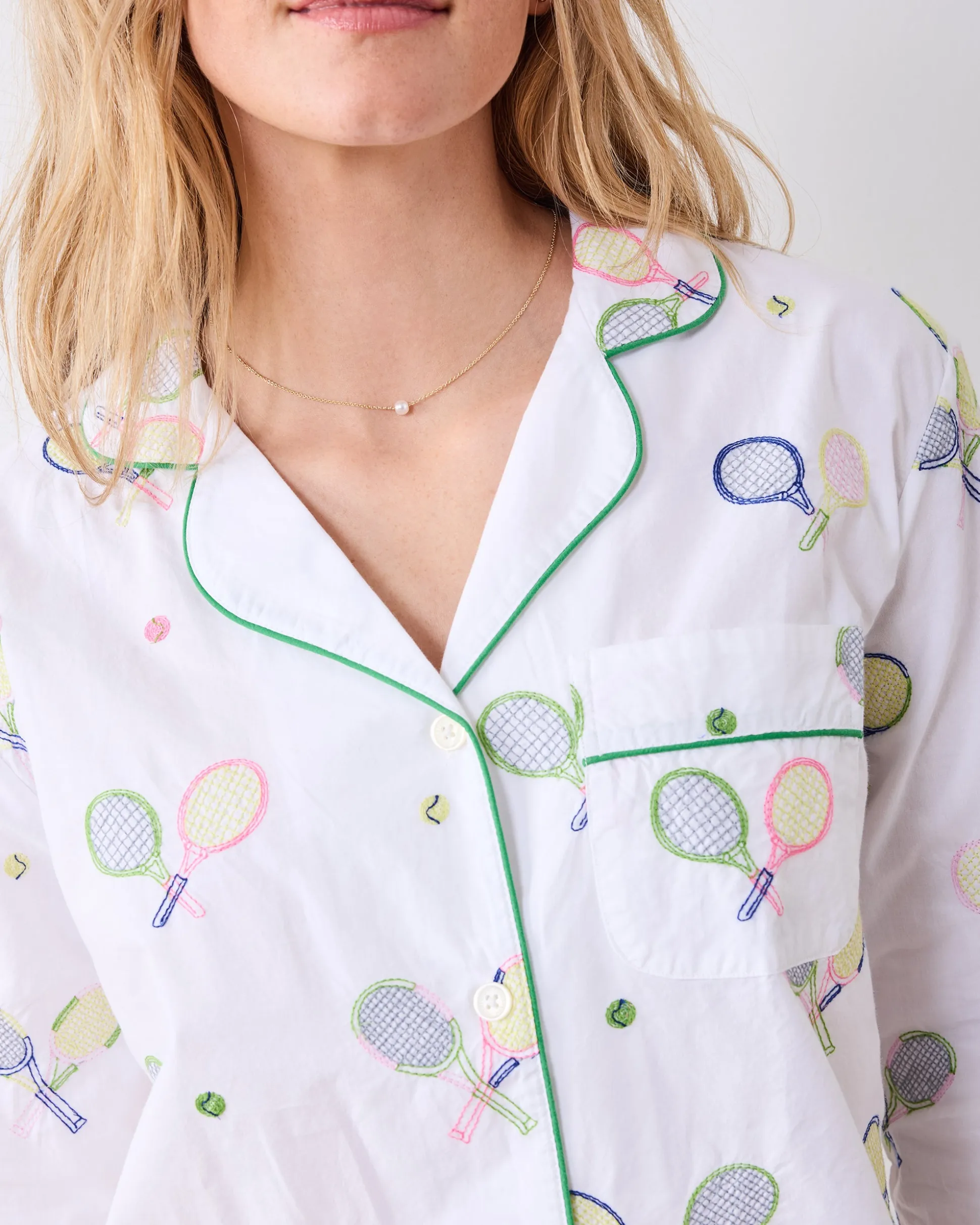 Long PJ Set in Embroidered Tennis Club