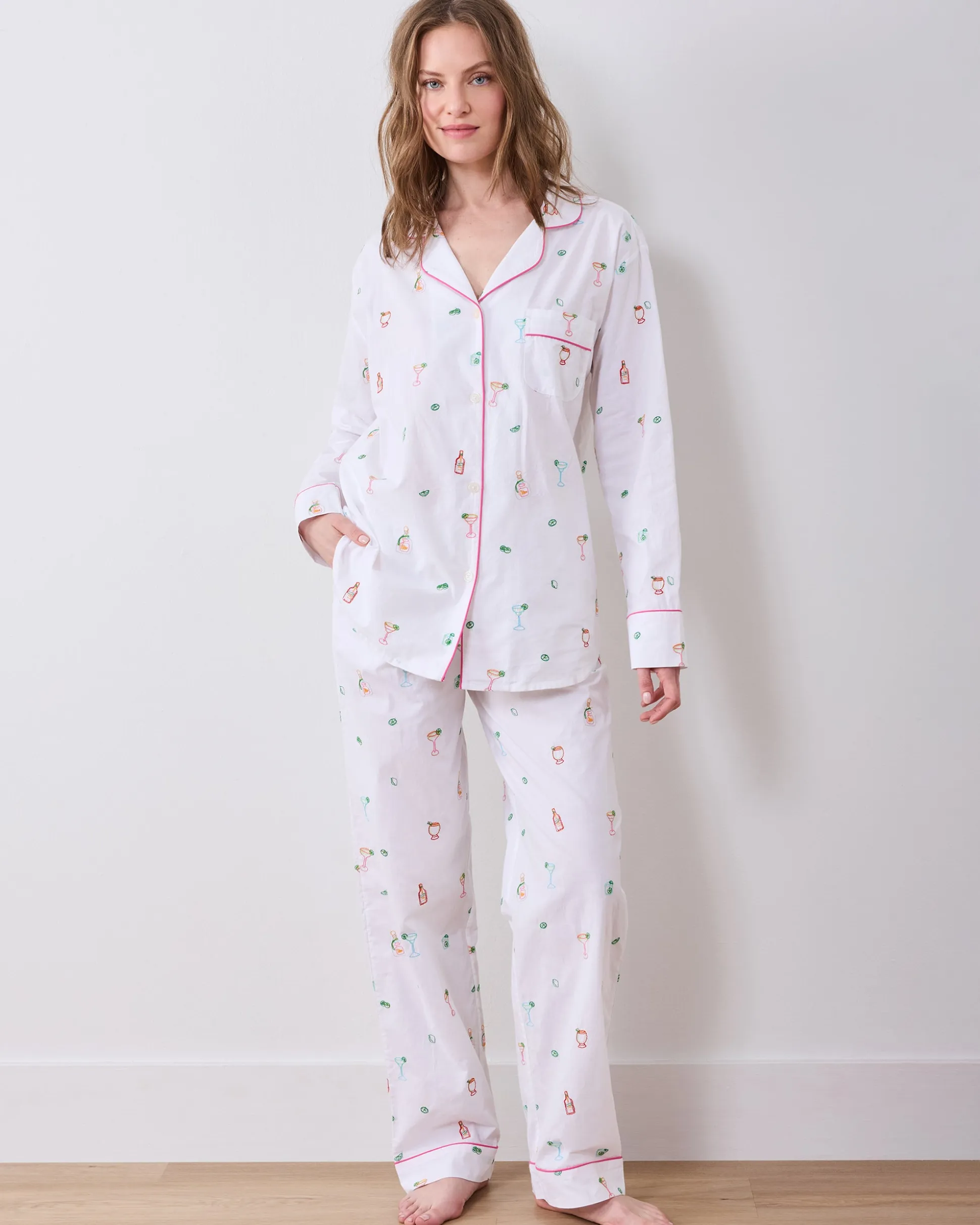 Long PJ Set in Embroidered Tequila Sunrise