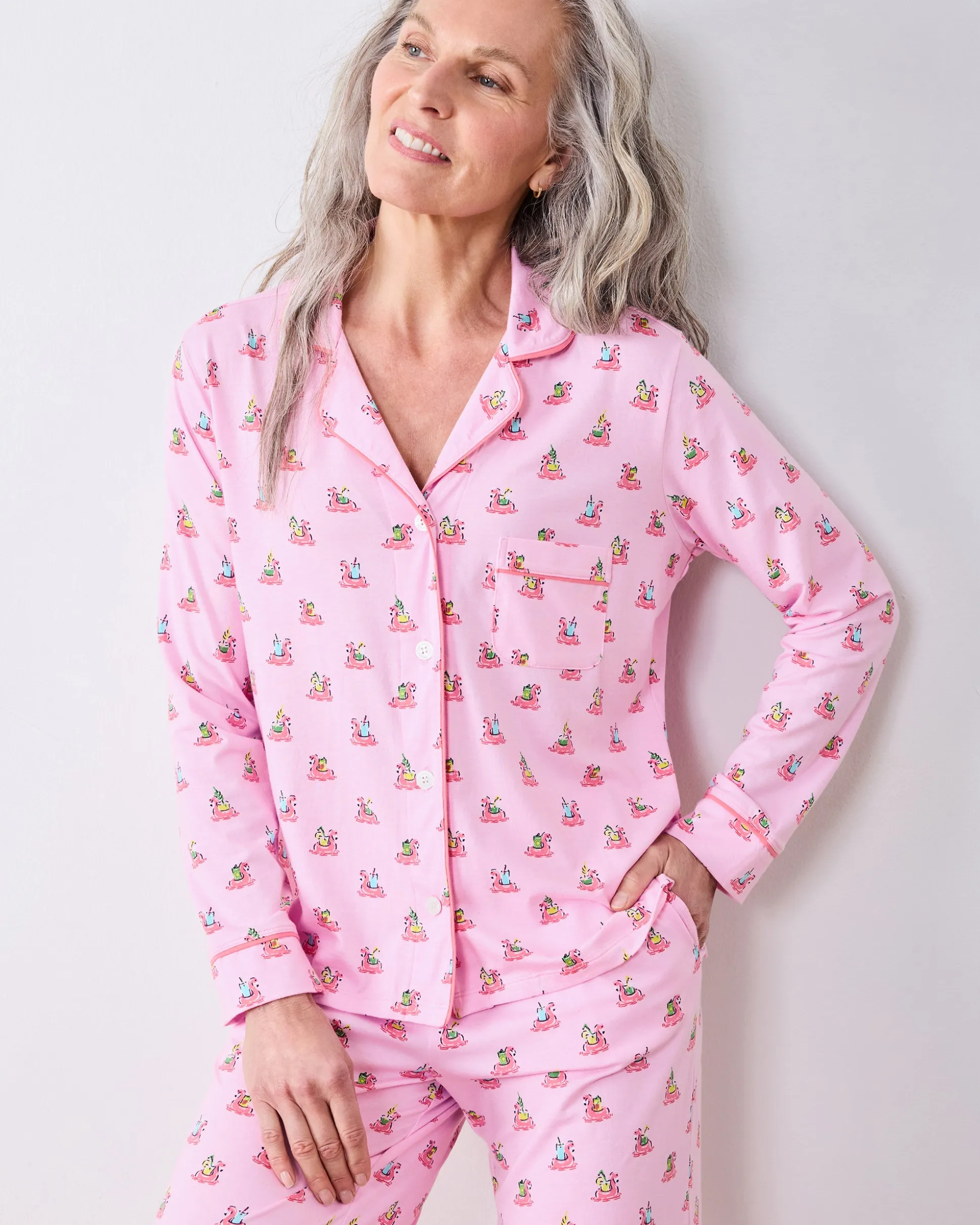Organic Pima Modal Knit Long PJ Set in Flamingo Floaties