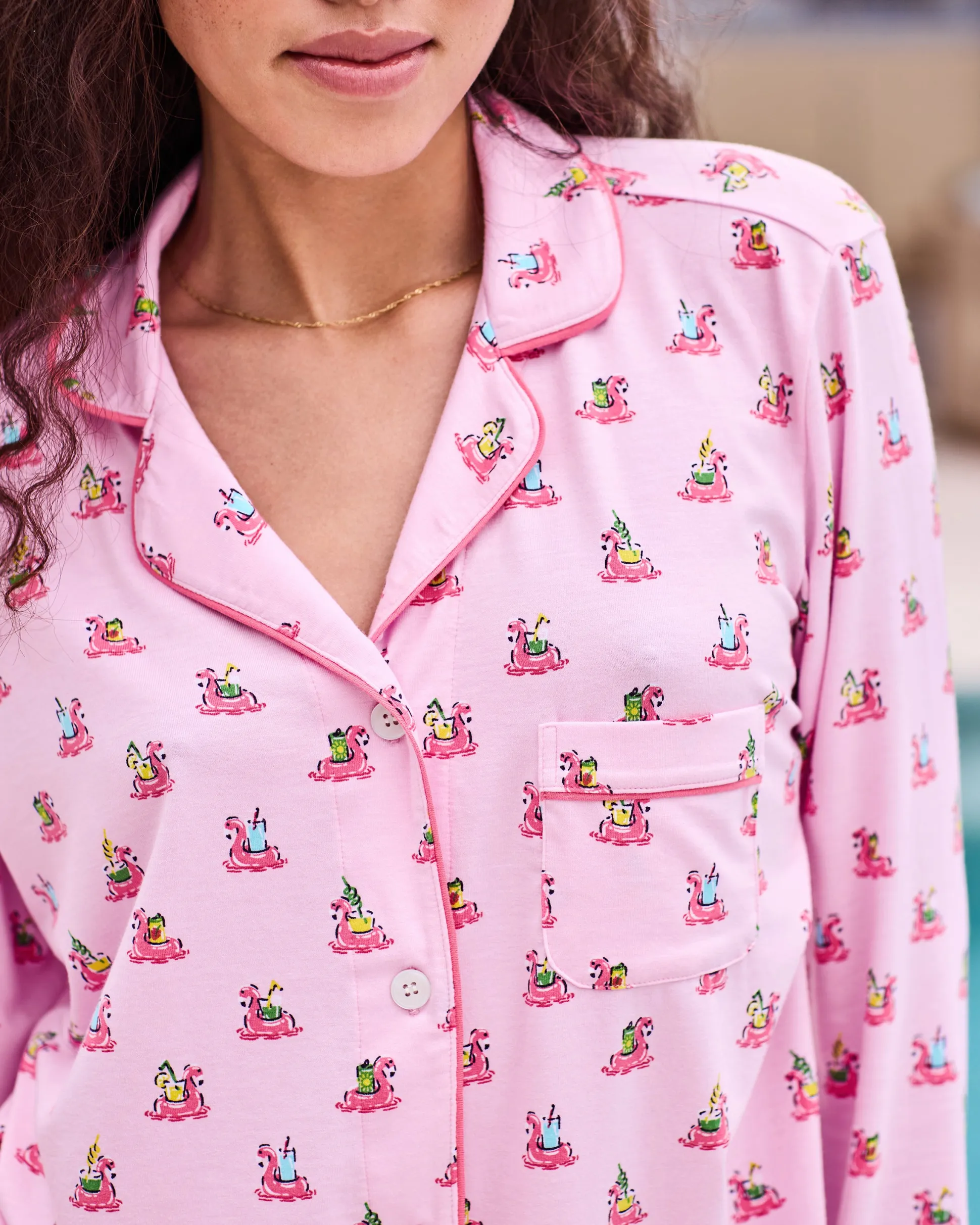 Organic Pima Modal Knit Long PJ Set in Flamingo Floaties