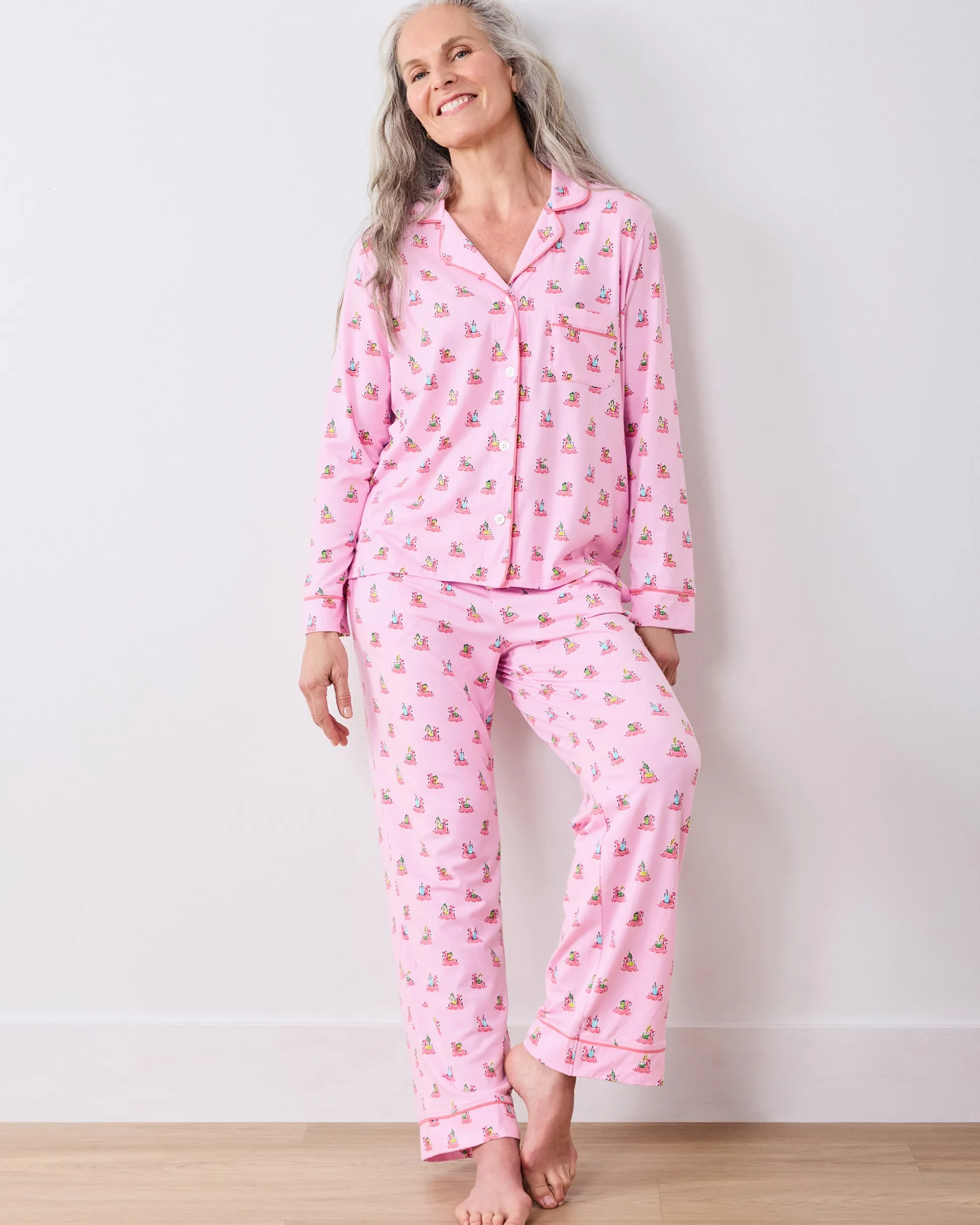 Organic Pima Modal Knit Long PJ Set in Flamingo Floaties