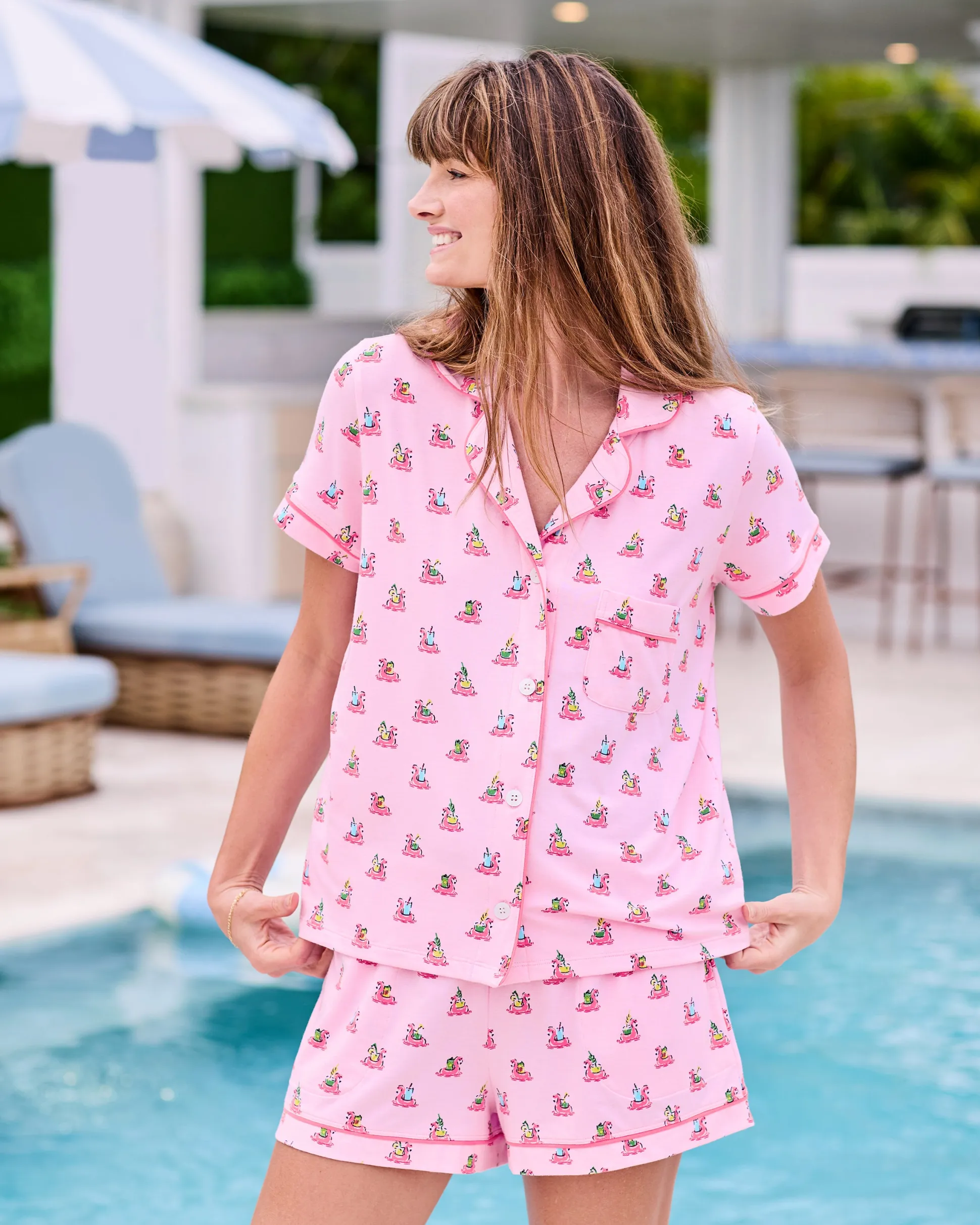 Organic Pima Modal Knit Short PJ Set in Flamingo Floaties
