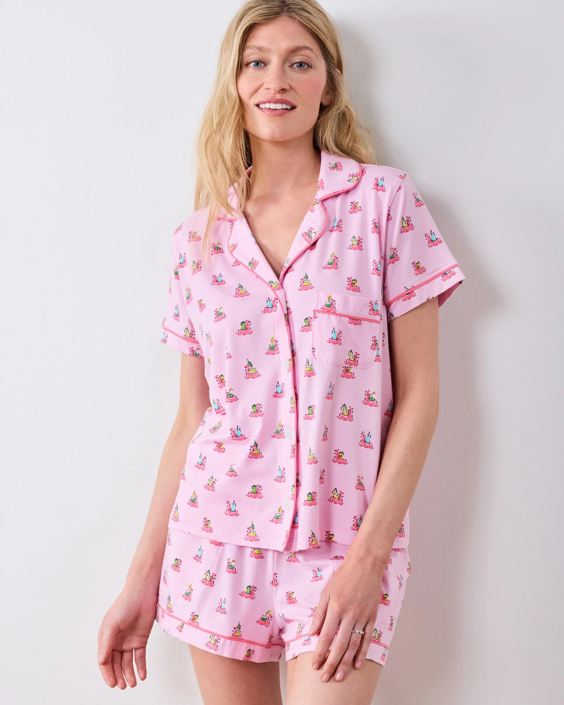 Organic Pima Modal Knit Short PJ Set in Flamingo Floaties