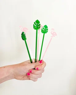 Palm and Flamingo Stir Stick Set in Pink/Green