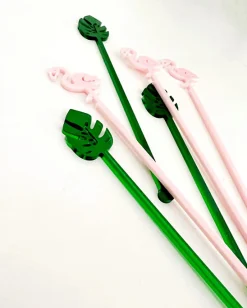 Palm and Flamingo Stir Stick Set in Pink/Green
