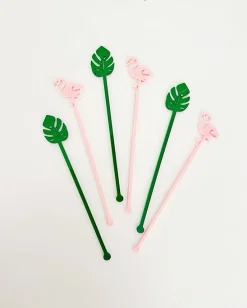 Palm and Flamingo Stir Stick Set in Pink/Green