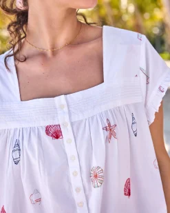 Pintuck Nightgown in Embroidered Shells