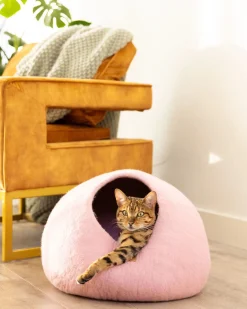 Premium Felted Wool Cat Cave Bed in Pink