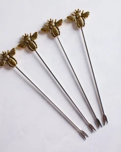 Set of 4 Golden Bee Cocktail Picks in Gold