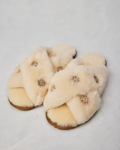 Sheepskin Slippers with Rhinestones in Beige