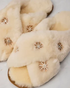 Sheepskin Slippers with Rhinestones in Beige
