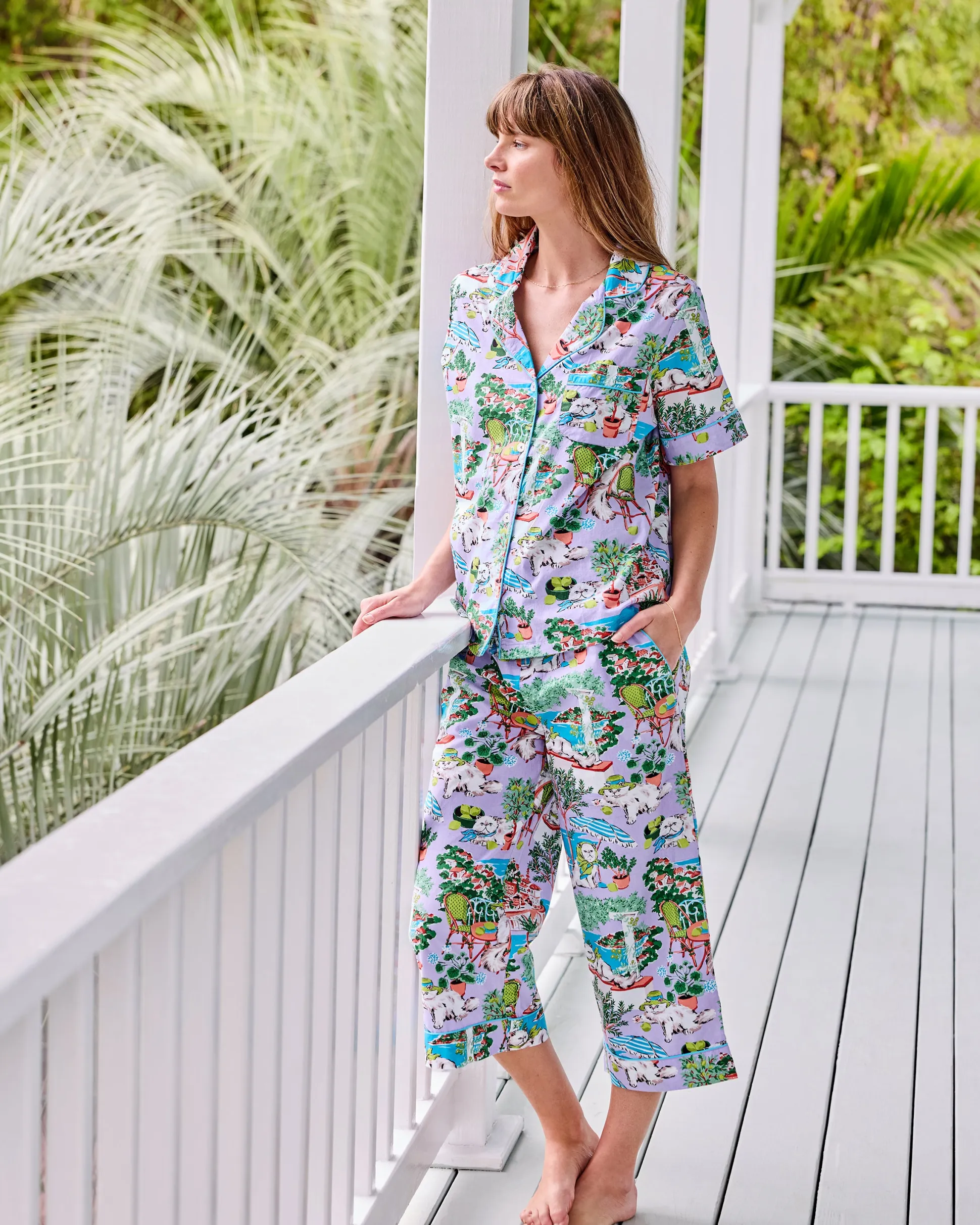 Short Sleeve Top & Cropped Pants Set in Mediterranean Meow