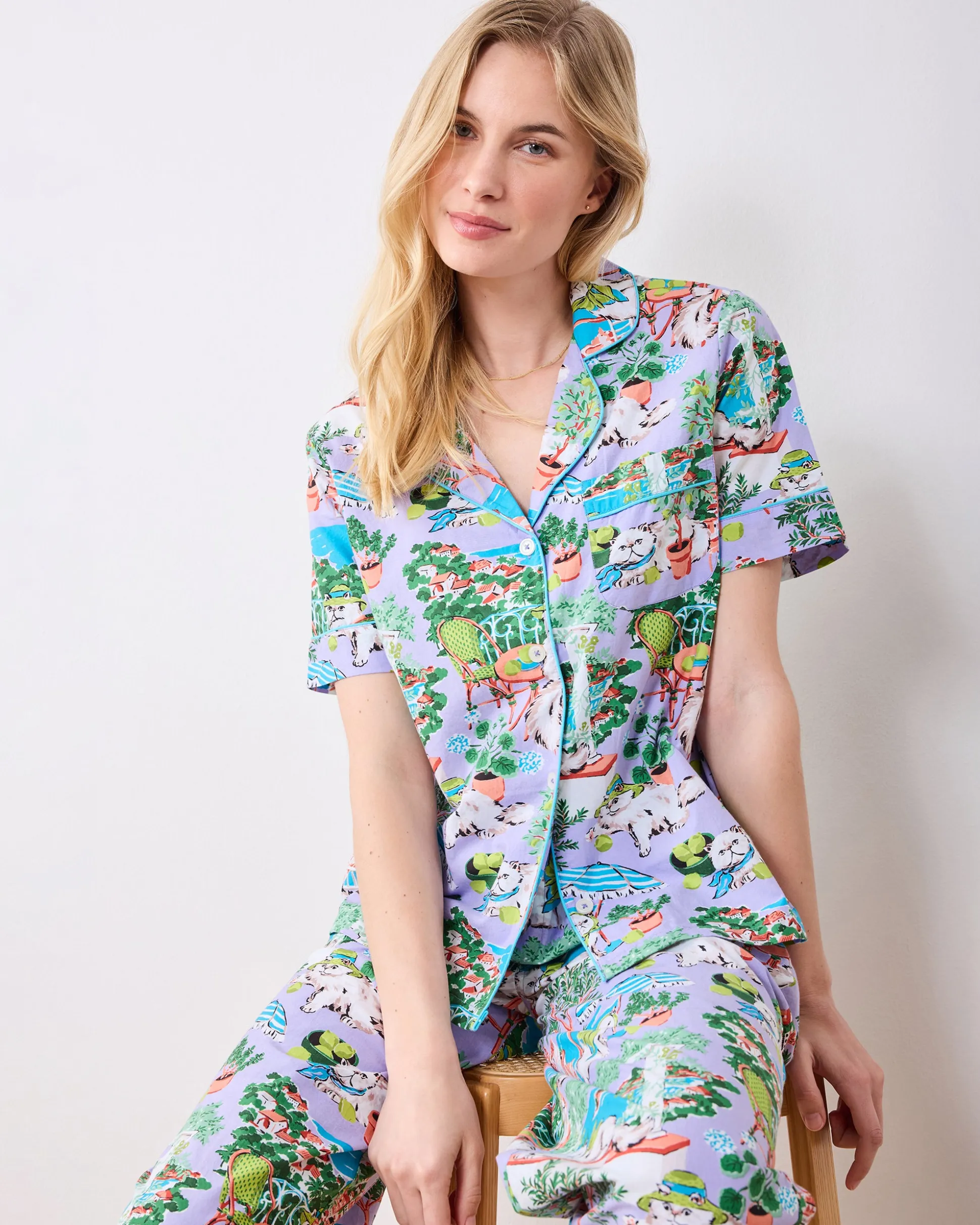 Short Sleeve Top & Cropped Pants Set in Mediterranean Meow