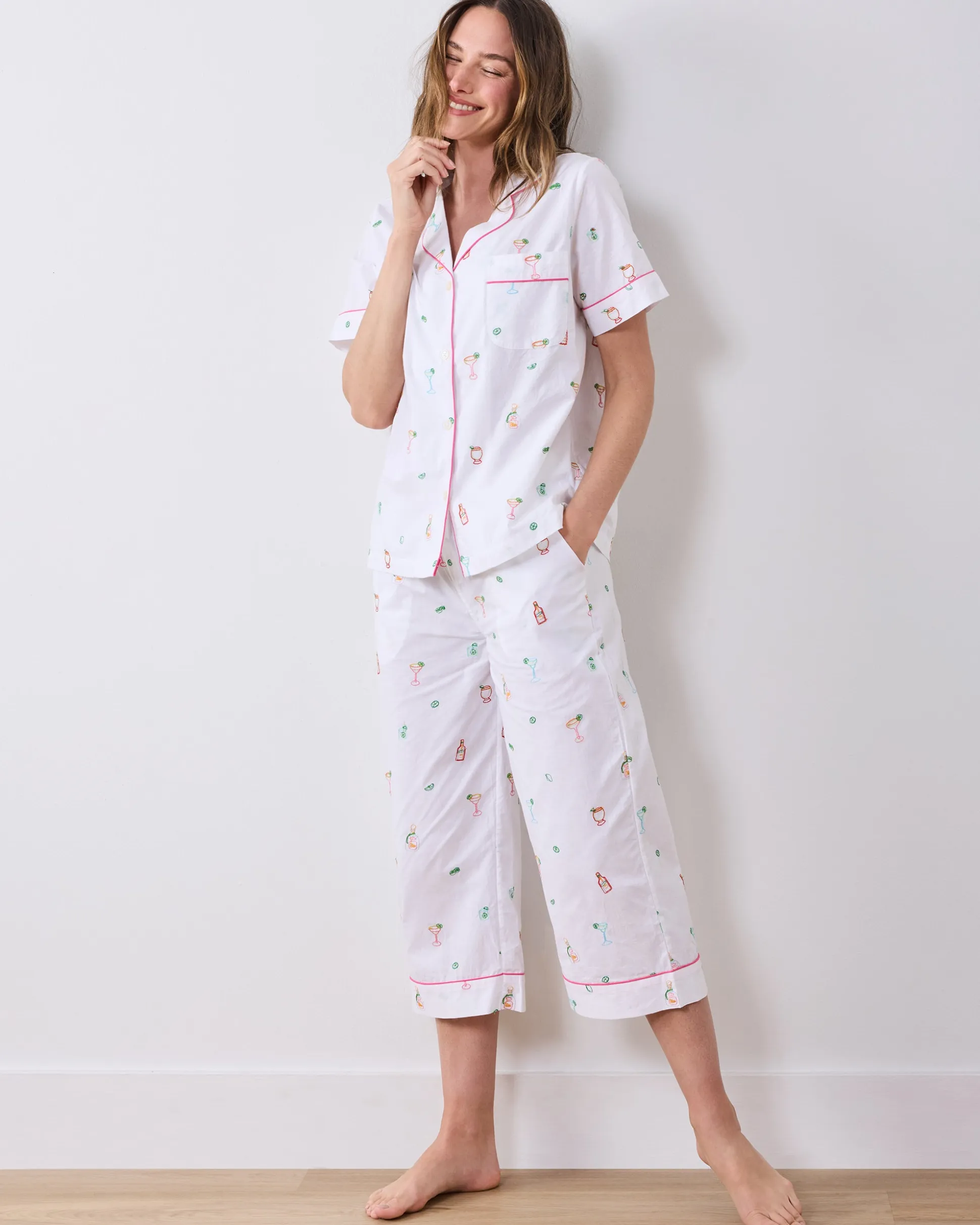 Short Sleeve Top & Cropped Pants Set in Embroidered Tequila Sunrise