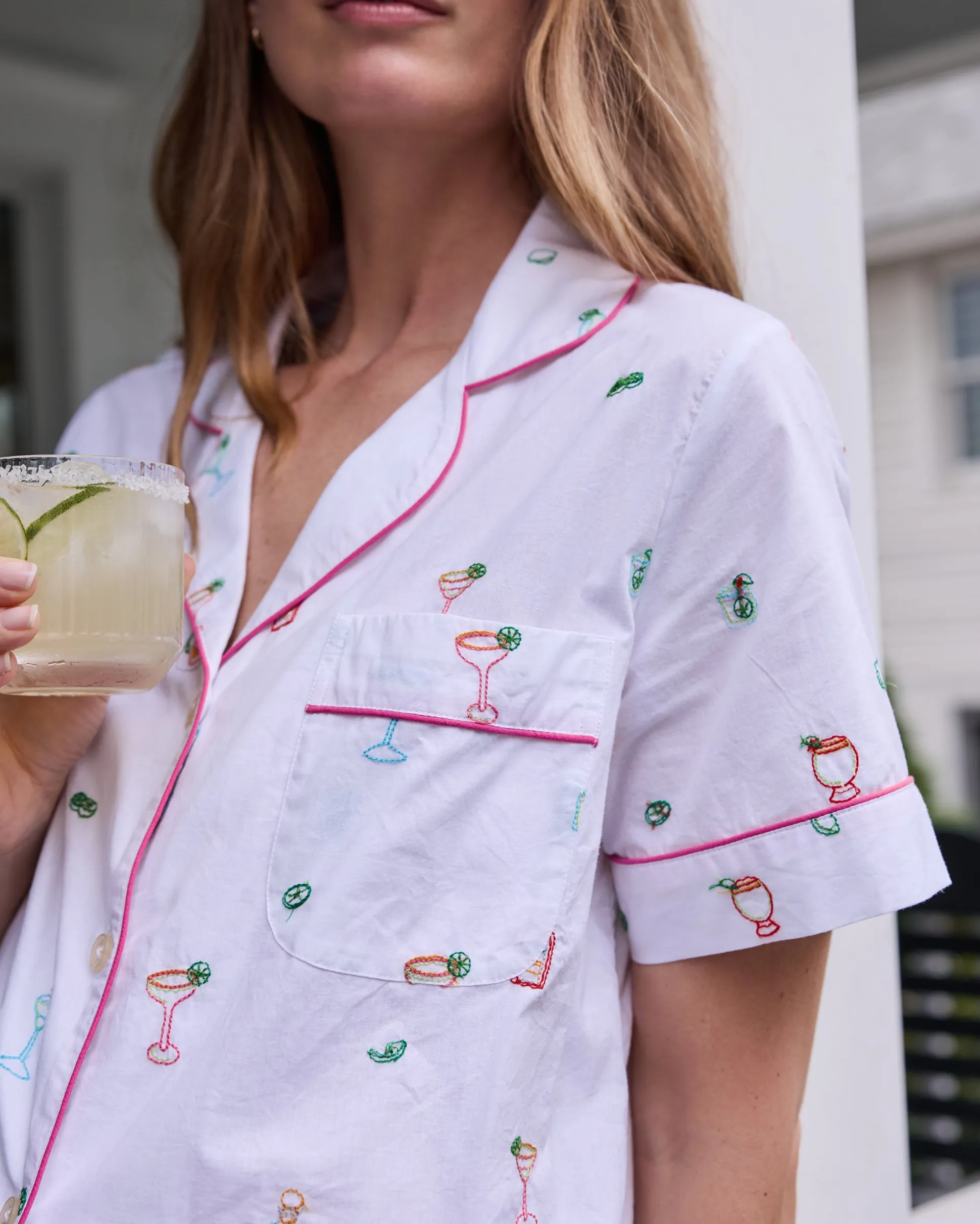 Short Sleeve Top & Cropped Pants Set in Embroidered Tequila Sunrise