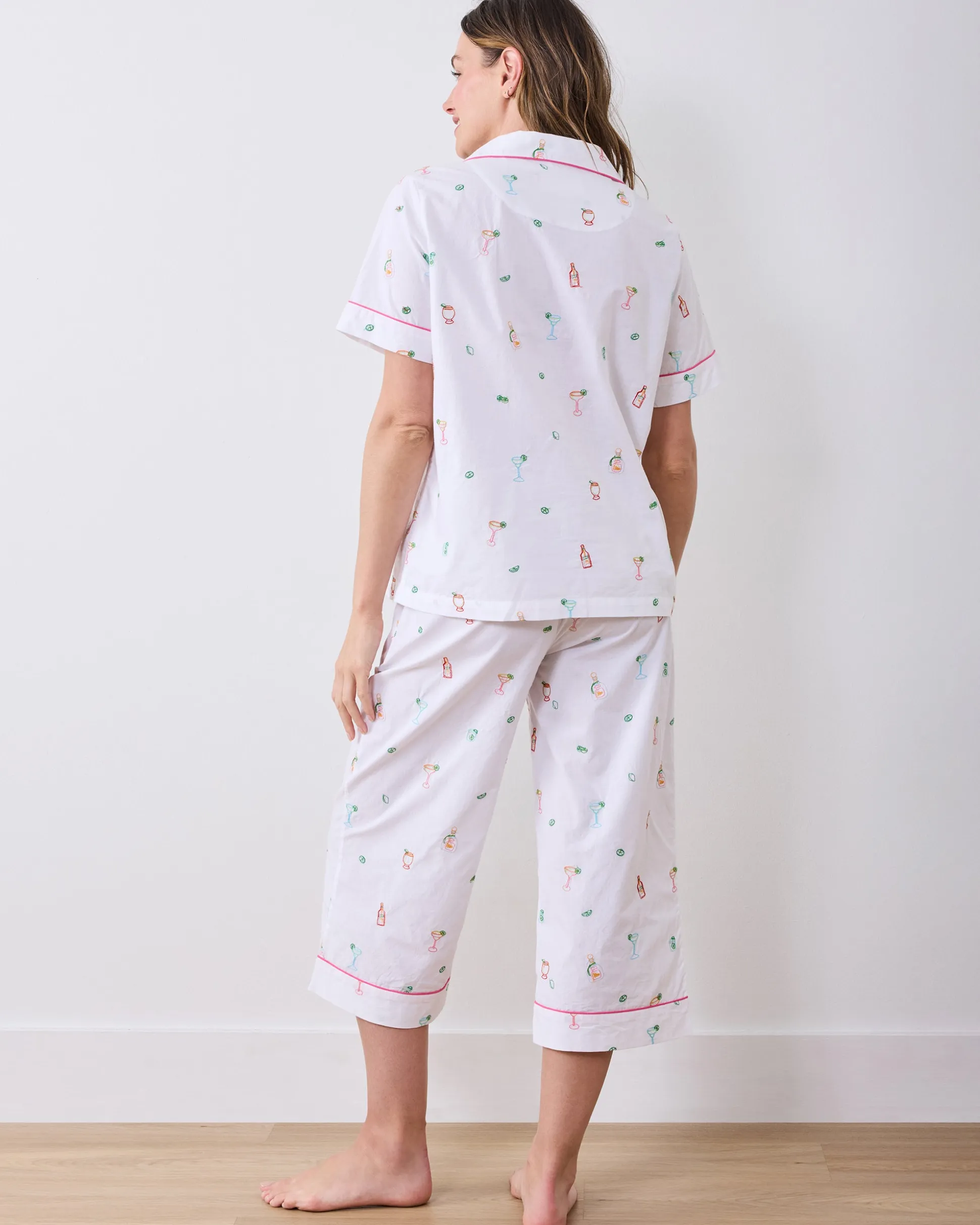 Short Sleeve Top & Cropped Pants Set in Embroidered Tequila Sunrise