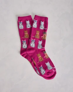 Studious Cats Crew Socks in Fuchsia