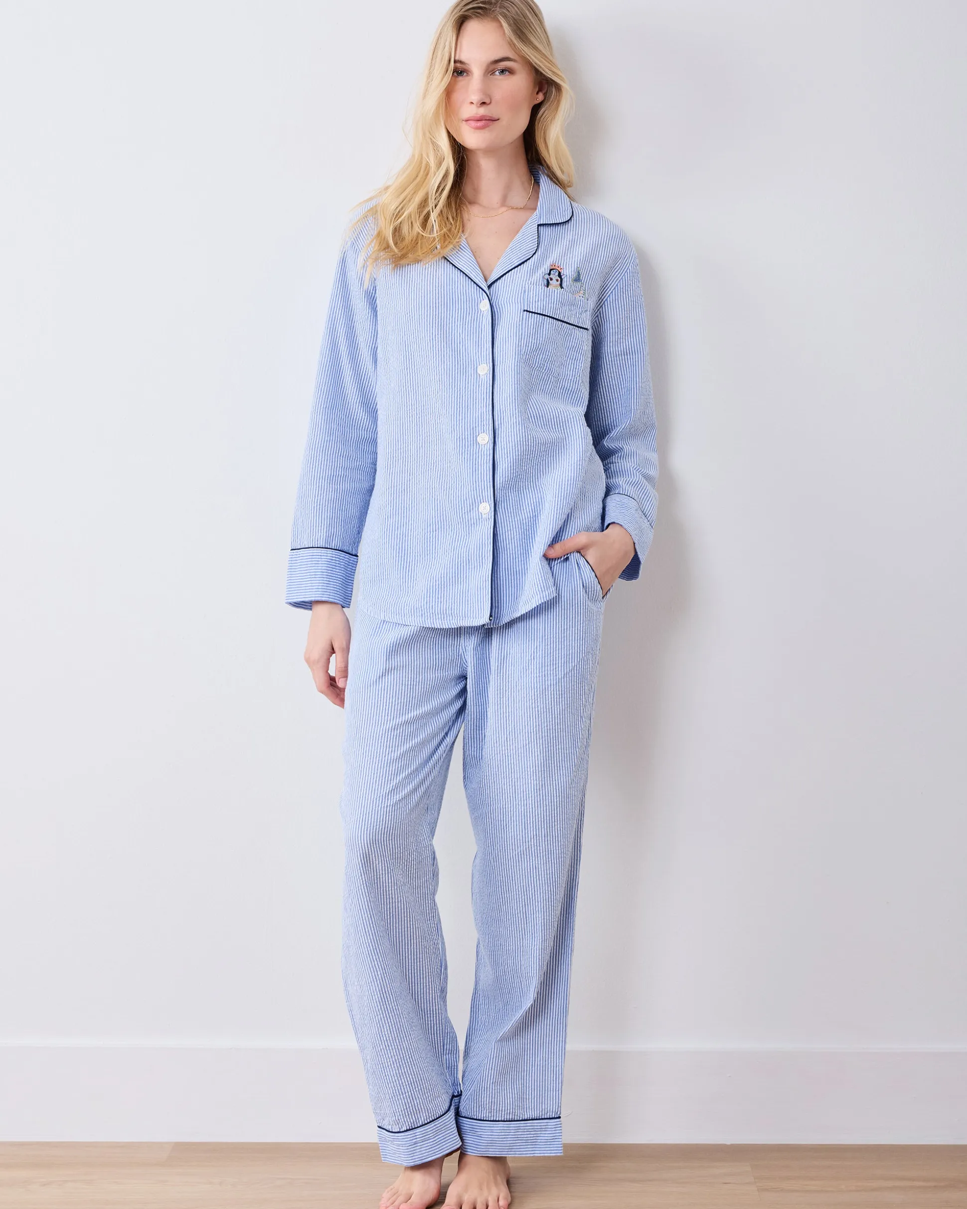 Tall Seersucker Long PJ Set in Triton Stripes
