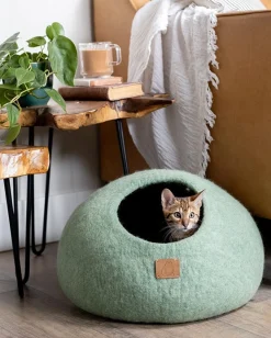 Wool Cat Cave Bed in Eucalyptus Green