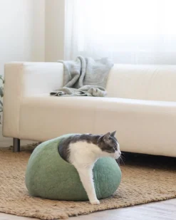 Wool Cat Cave Bed in Eucalyptus Green
